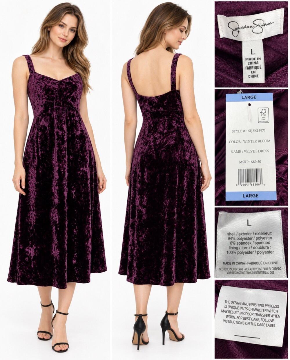 Romantic Goth Jessica Simpson Women's A-Line Midi Dress Size L Purple Velvet NWT